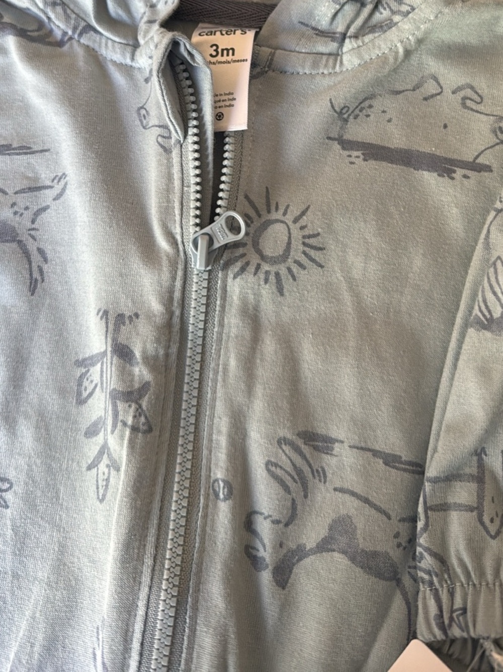 Carter's Baby Zip Hoodie - Light Gray with Animal Prints 3M brand new with tags